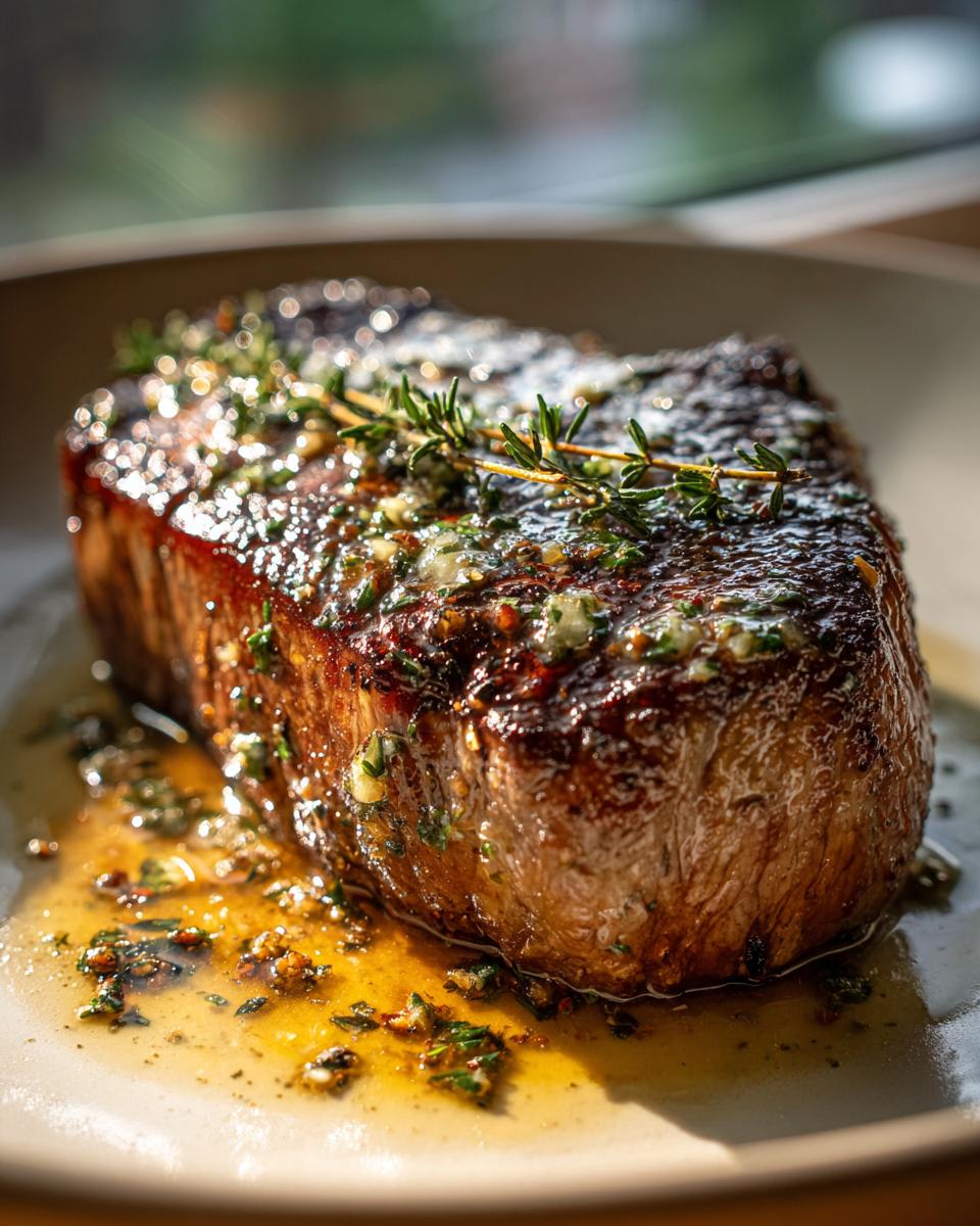 A close-up of a perfectly cooked garlic butter steak, glistening with melted butter and herbs, served on a plate.