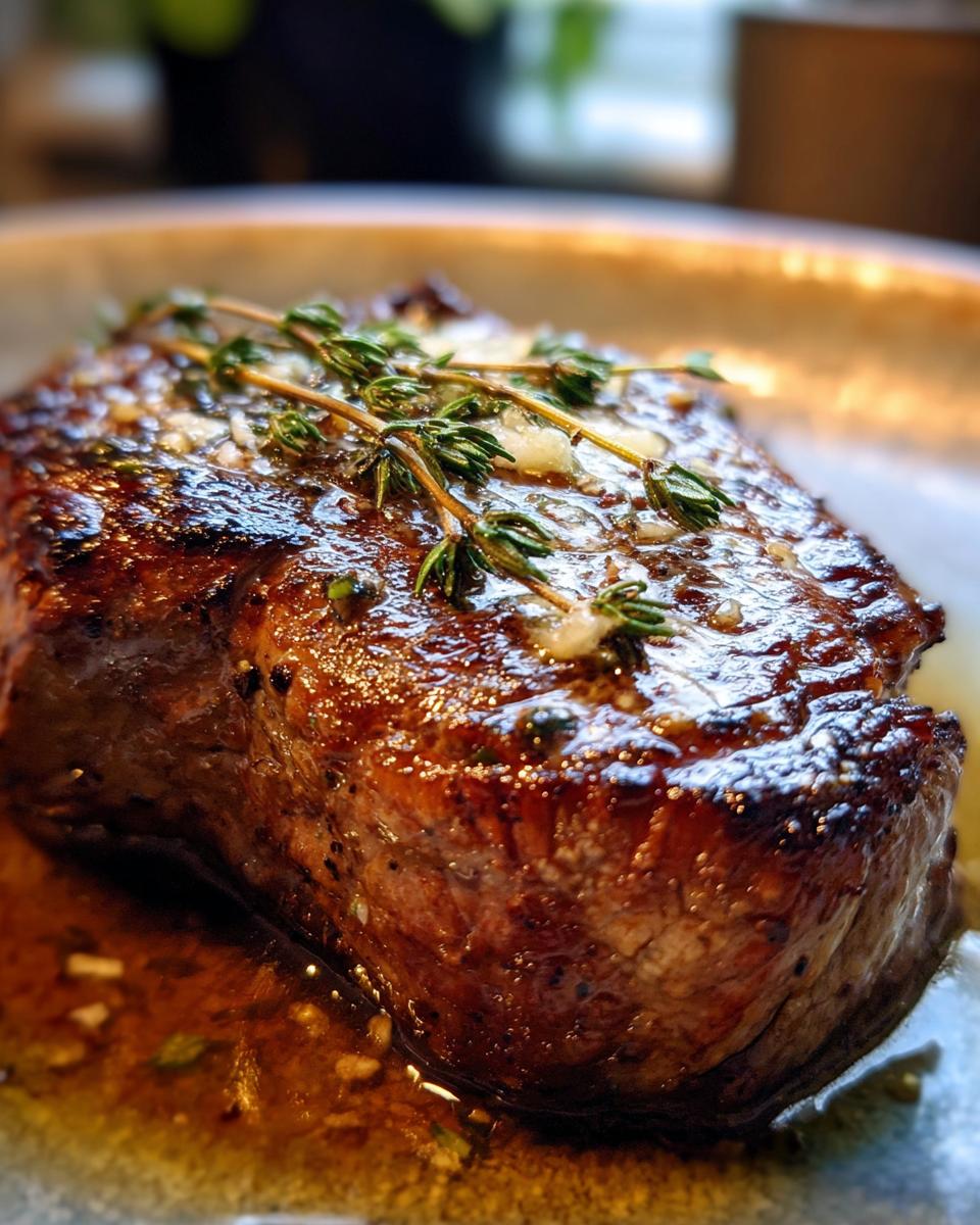 A close-up of a perfectly cooked garlic butter steak, topped with fresh thyme and glistening in its own juices.