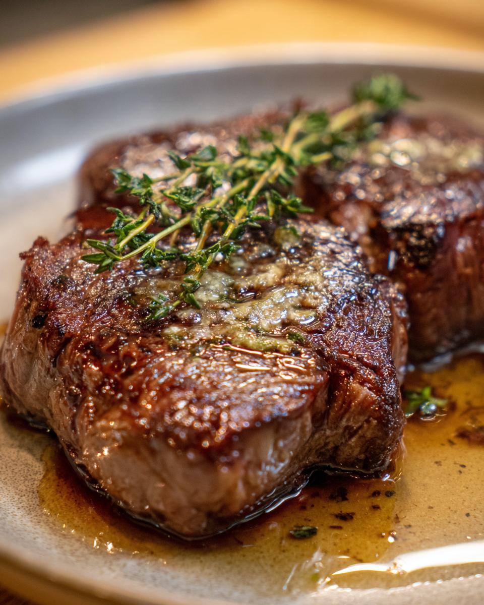 Close-up of two perfectly cooked garlic butter steak medallions topped with fresh thyme sprigs.
