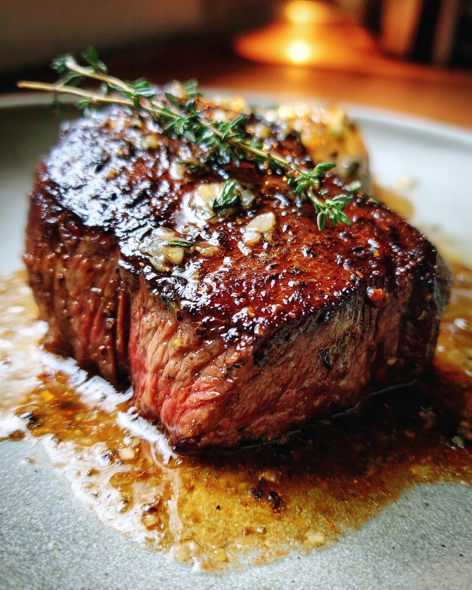 A close-up of a perfectly cooked garlic butter steak, glistening with butter and herbs, topped with fresh thyme.