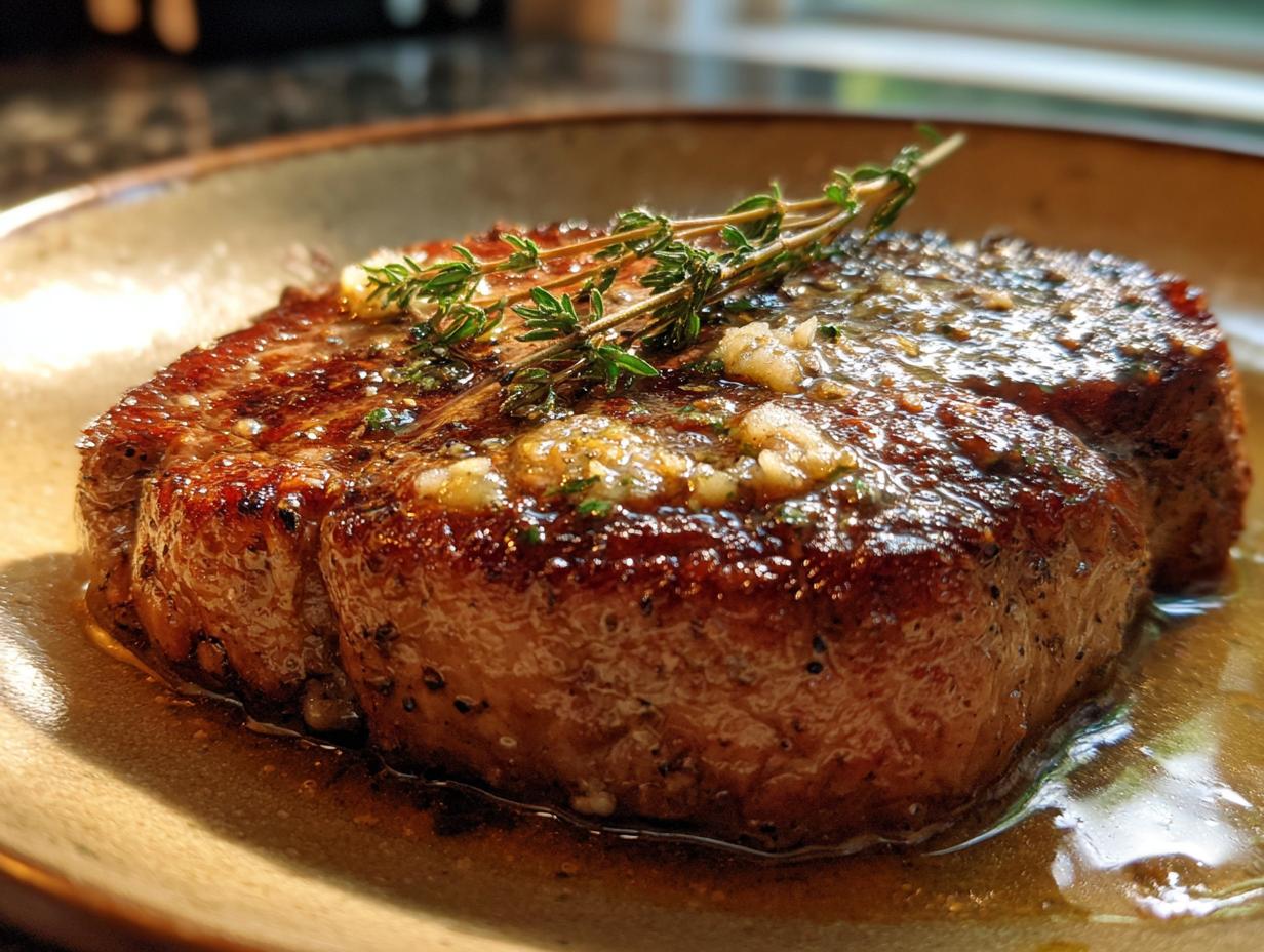 A close-up of a perfectly cooked garlic butter steak, glistening with butter and topped with fresh thyme sprigs.