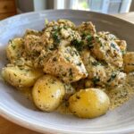 A close-up of tender garlic parmesan crockpot chicken and potatoes in a creamy sauce, garnished with fresh parsley.