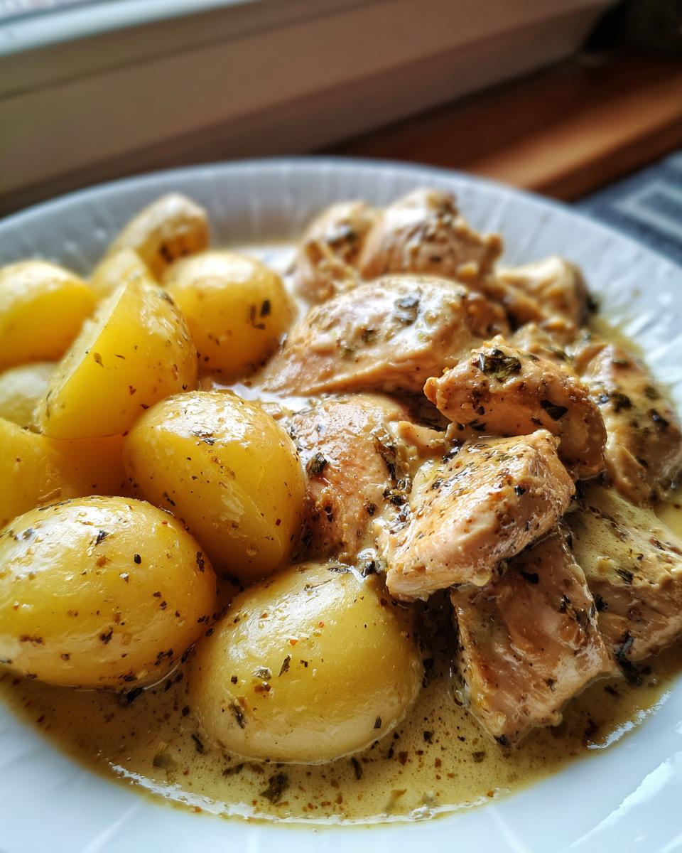 A close-up of tender chicken pieces and golden potatoes in a creamy garlic parmesan sauce.