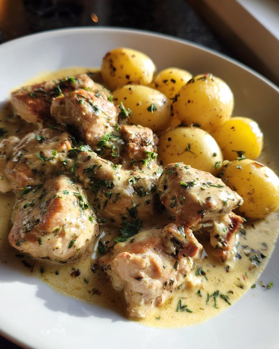 A close-up of tender garlic parmesan crockpot chicken and potatoes in a creamy sauce, garnished with parsley.