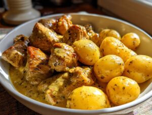 A bowl of tender garlic parmesan crockpot chicken and potatoes coated in a creamy sauce.