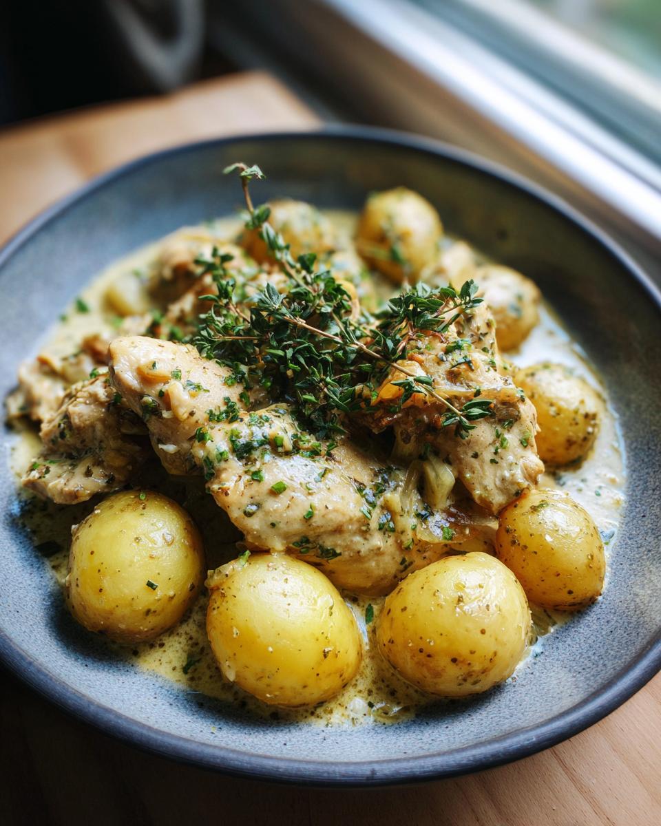 A close-up of garlic parmesan crockpot chicken and potatoes in a creamy sauce, garnished with fresh thyme.