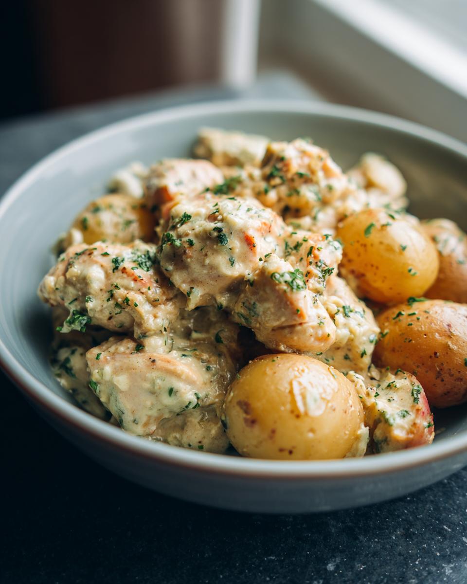 A close-up of garlic parmesan crockpot chicken and potatoes in a bowl, garnished with parsley.