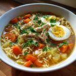 A steaming bowl of Ginger Garlic Chicken Noodle Soup with shredded chicken, noodles, carrots, and a hard-boiled egg.