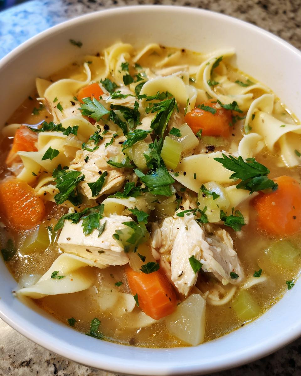 A close-up bowl of homemade Ginger Garlic Chicken Noodle Soup with wide egg noodles, shredded chicken, carrots, celery, and parsley.