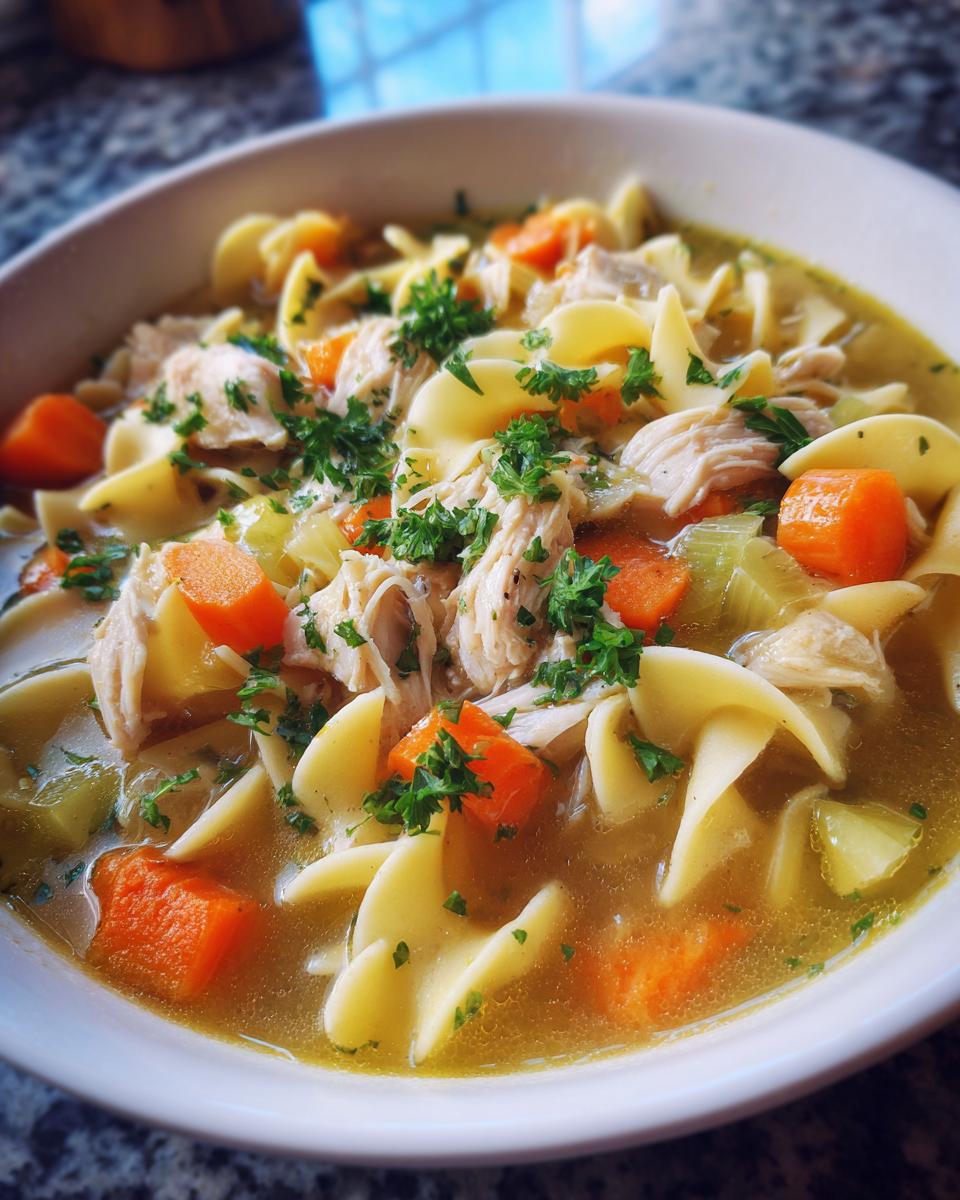 A close-up of a comforting bowl of Ginger Garlic Chicken Noodle Soup with wide egg noodles, shredded chicken, carrots, and celery, garnished with parsley.