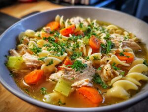 A comforting bowl of Ginger Garlic Chicken Noodle Soup with tender chicken, carrots, celery, and pasta, garnished with fresh parsley.