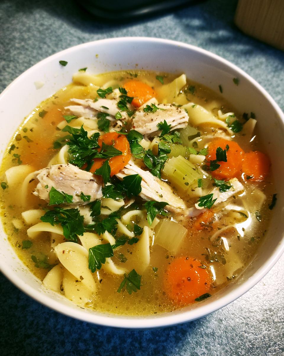 A close-up of a steaming bowl of Ginger Garlic Chicken Noodle Soup, filled with noodles, shredded chicken, carrots, celery, and parsley.