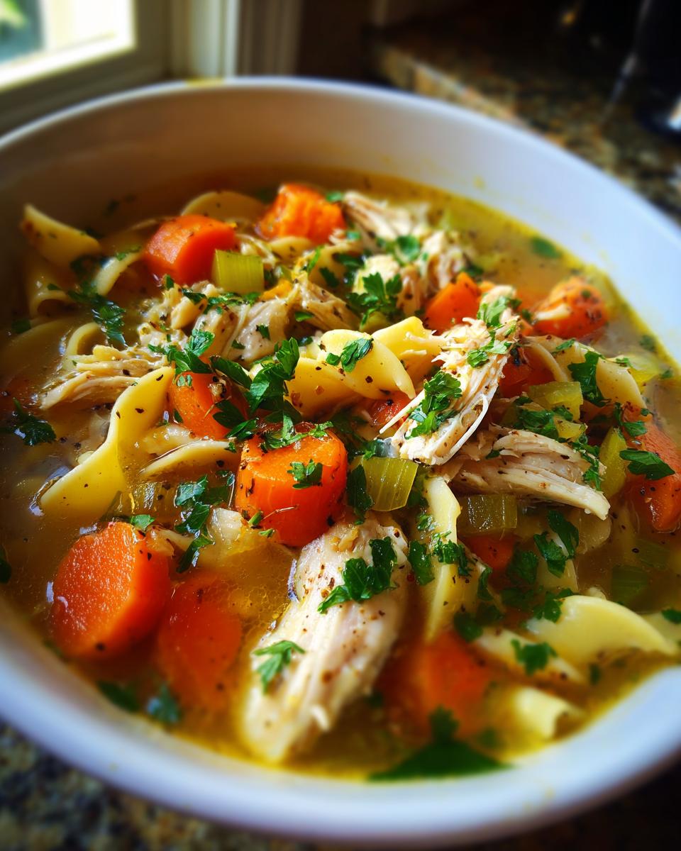 A close-up bowl of Ginger Garlic Chicken Noodle Soup with shredded chicken, wide noodles, carrots, and celery, garnished with parsley.