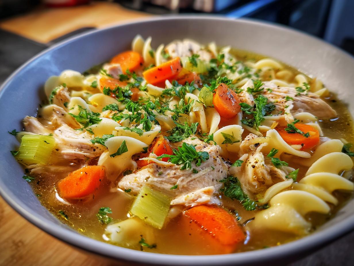 A comforting bowl of Ginger Garlic Chicken Noodle Soup with tender chicken, carrots, celery, and pasta, garnished with fresh parsley.