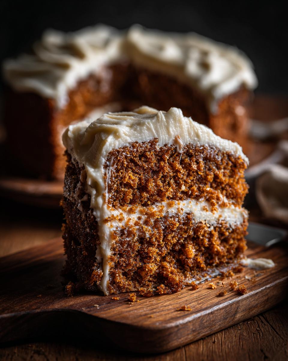 A close-up of a moist slice of gingerbread cake with thick cream cheese frosting, set against a blurred background of the whole cake.