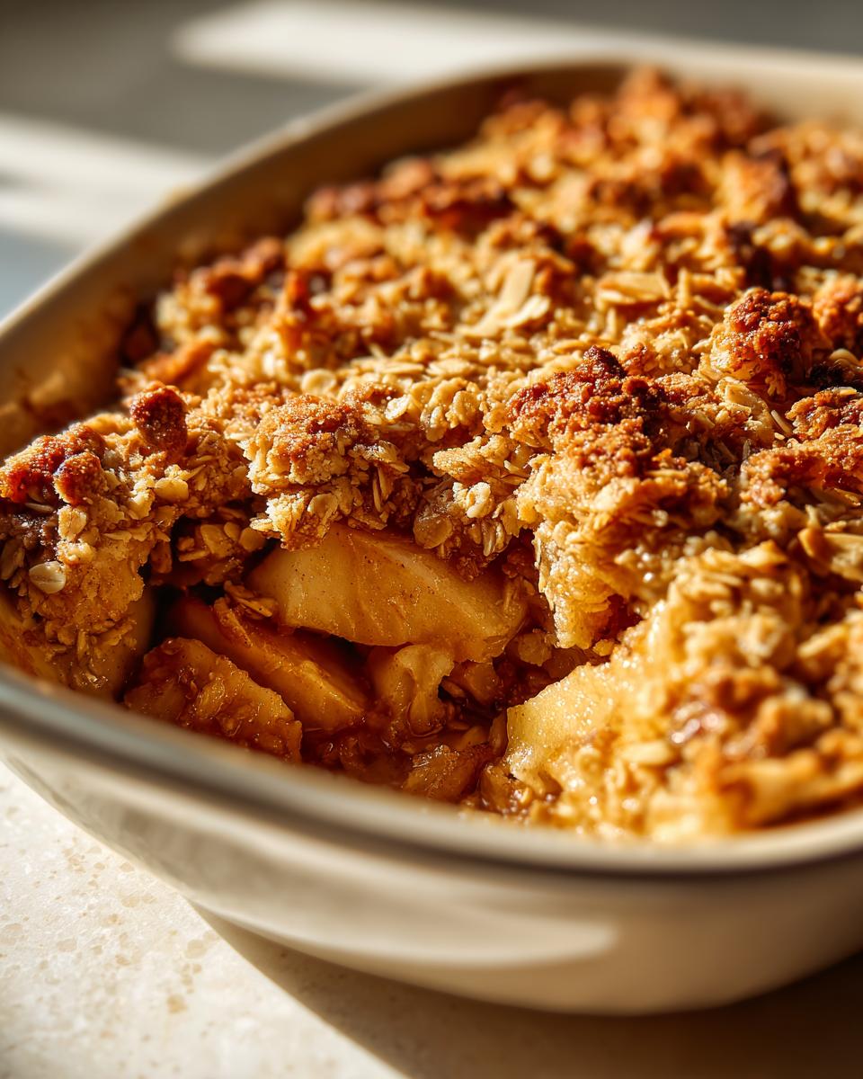 Close-up of a freshly baked apple crisp with a golden brown oat topping, showing tender apple slices underneath.
