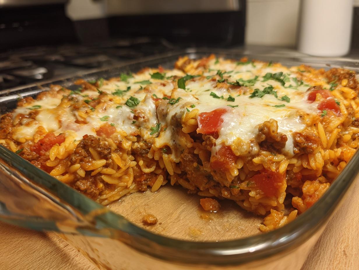 A close-up of a baked ground beef orzo casserole in a glass dish, topped with melted cheese and parsley.