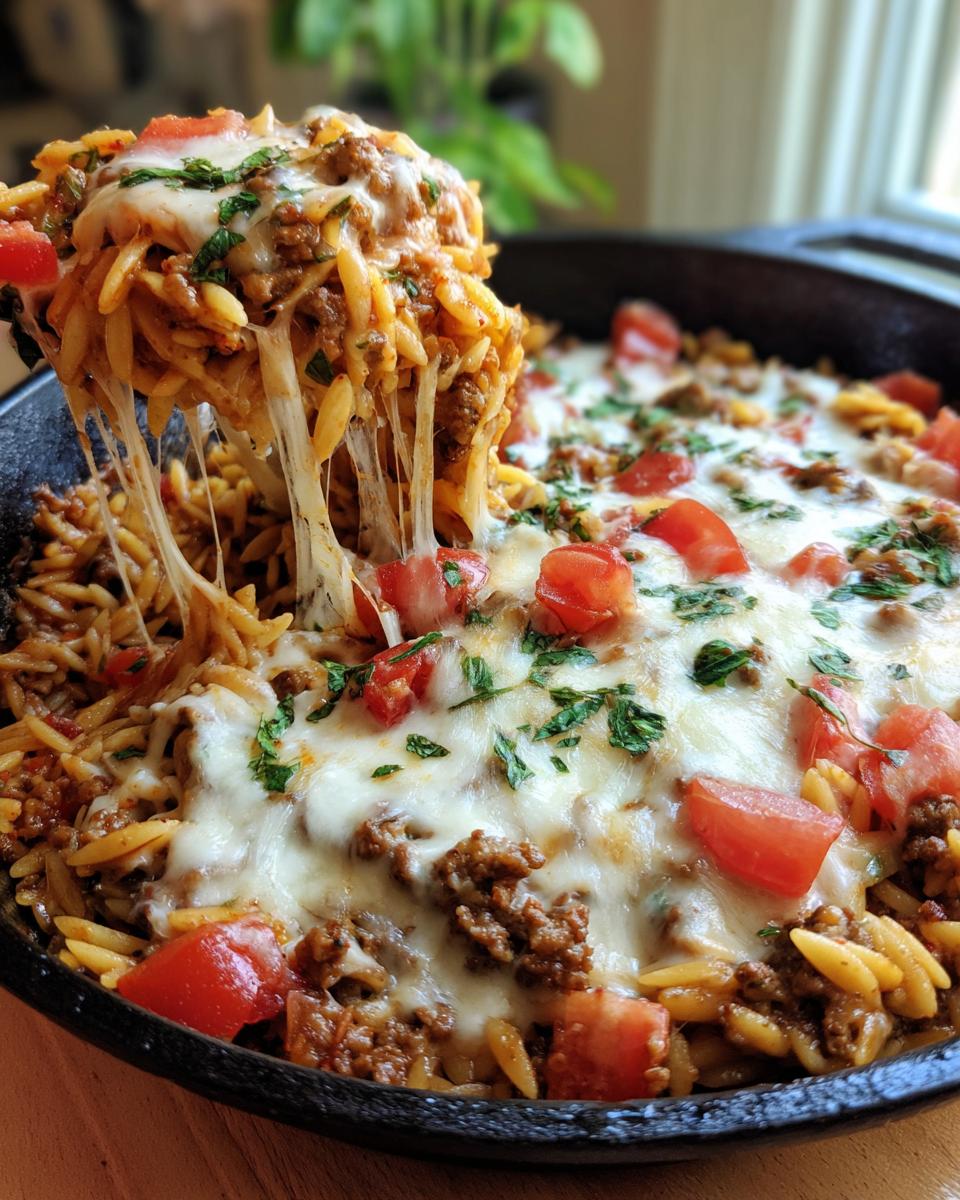 A scoop of cheesy ground beef orzo with melted mozzarella and fresh tomatoes, being lifted from a skillet.