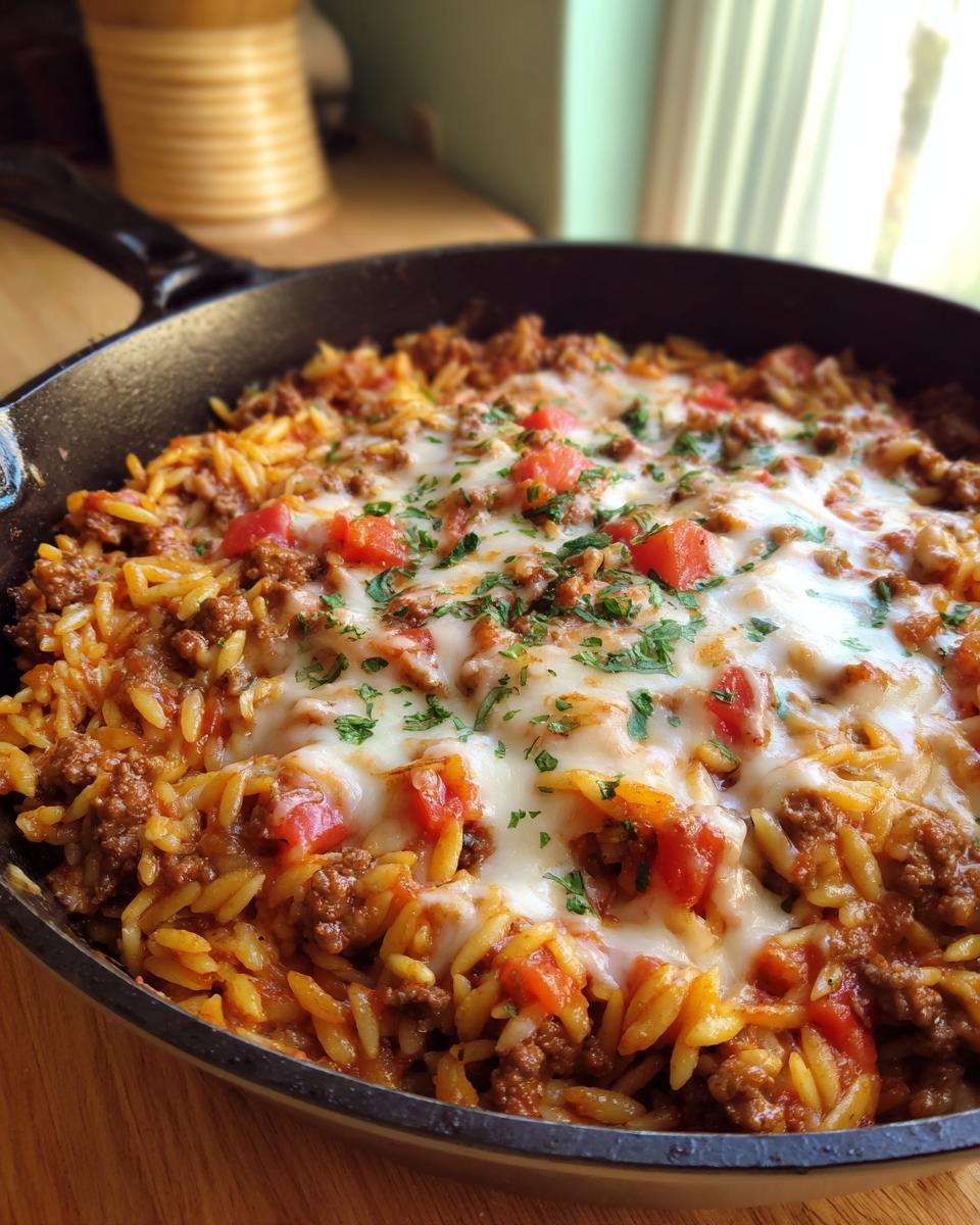 A close-up of a cast iron skillet filled with cheesy ground beef orzo, topped with diced tomatoes and fresh parsley.