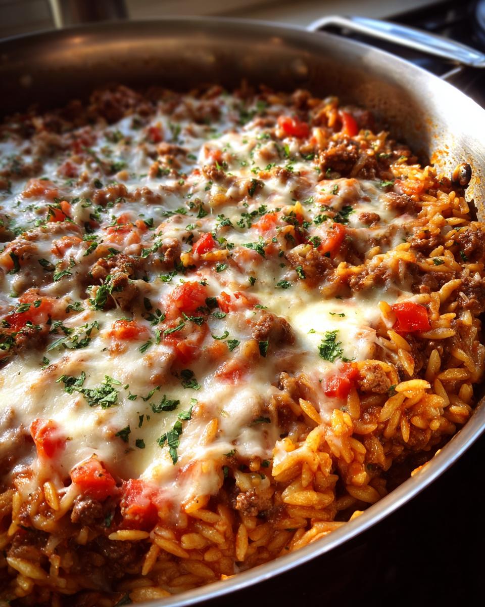 Close-up of a skillet filled with cheesy ground beef orzo, topped with diced tomatoes and parsley.