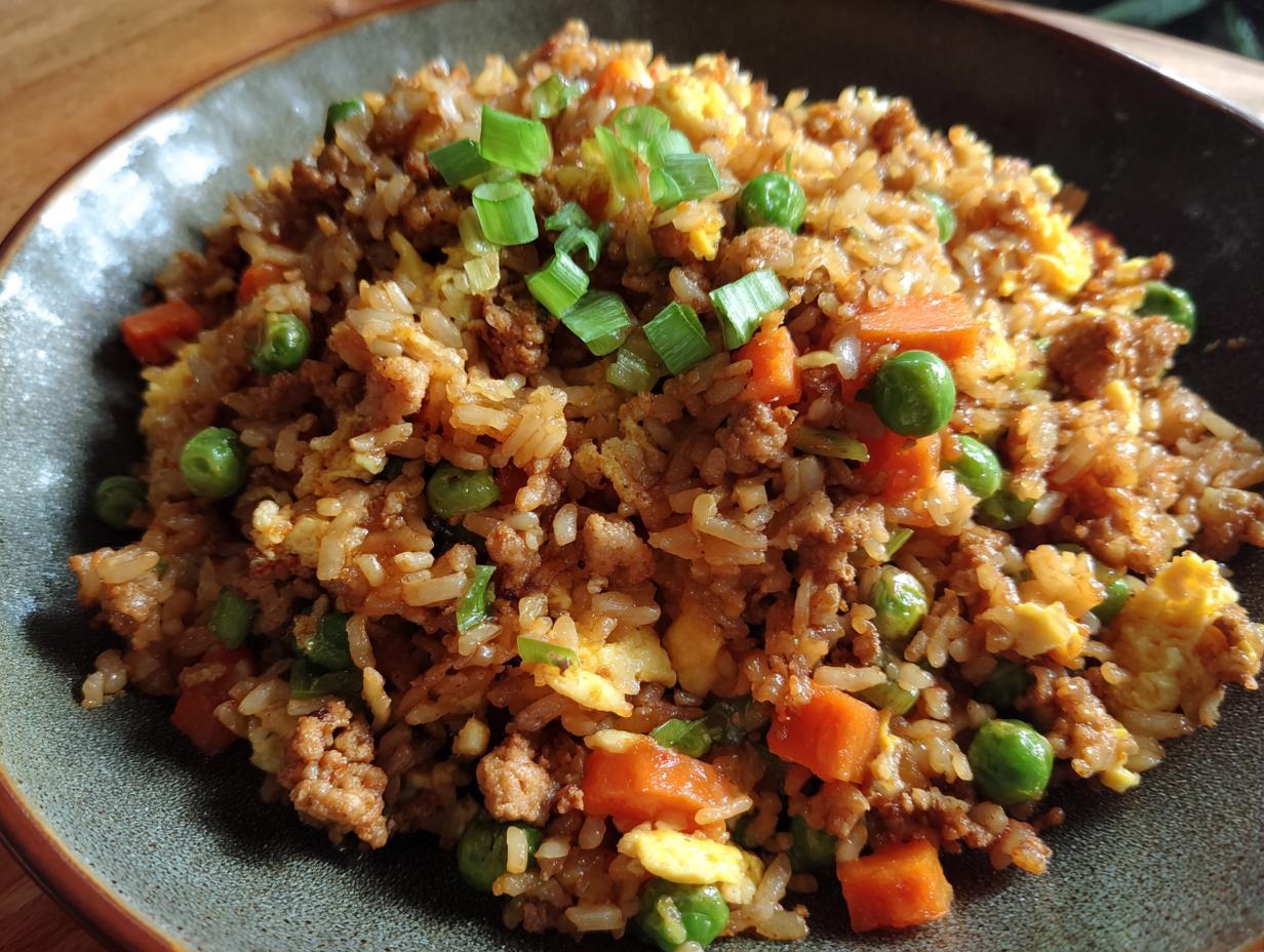 A bowl of flavorful ground chicken fried rice with peas, carrots, and scrambled eggs, garnished with green onions.