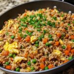 A close-up of a pan filled with flavorful ground chicken fried rice, featuring rice, peas, carrots, scrambled egg, and green onions.