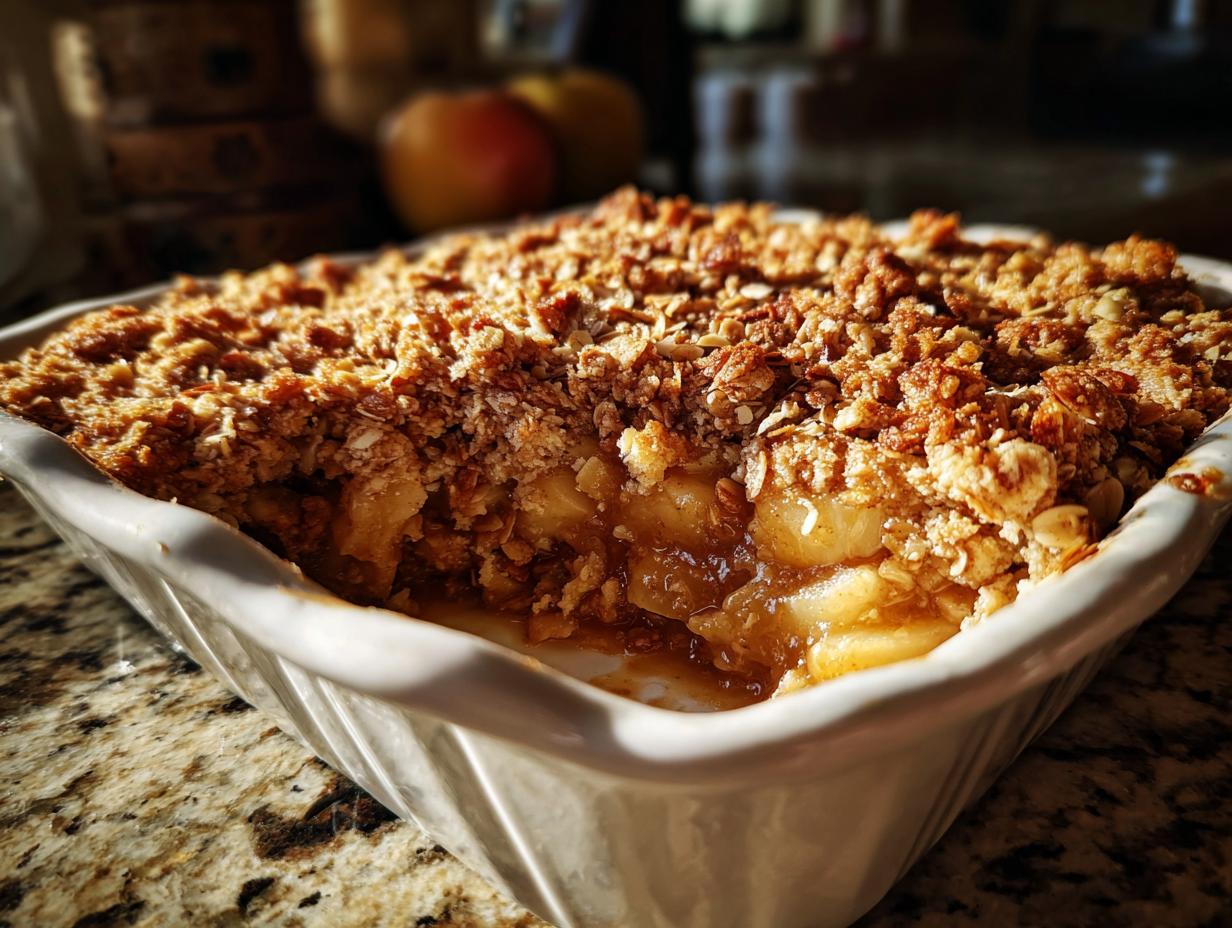 A close-up view of a freshly baked guilt-free apple crisp in a white baking dish, showing the golden brown topping and tender apple filling.