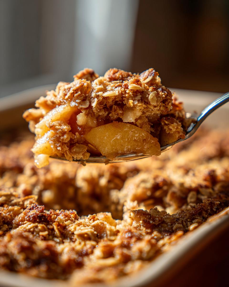 A spoonful of warm, baked apple crisp with a crunchy oat topping, showing tender apple slices.