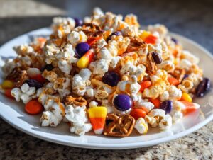 A close-up of a white plate filled with halloween popcorn mix, featuring popcorn, candy corn, pretzels, and M&Ms.