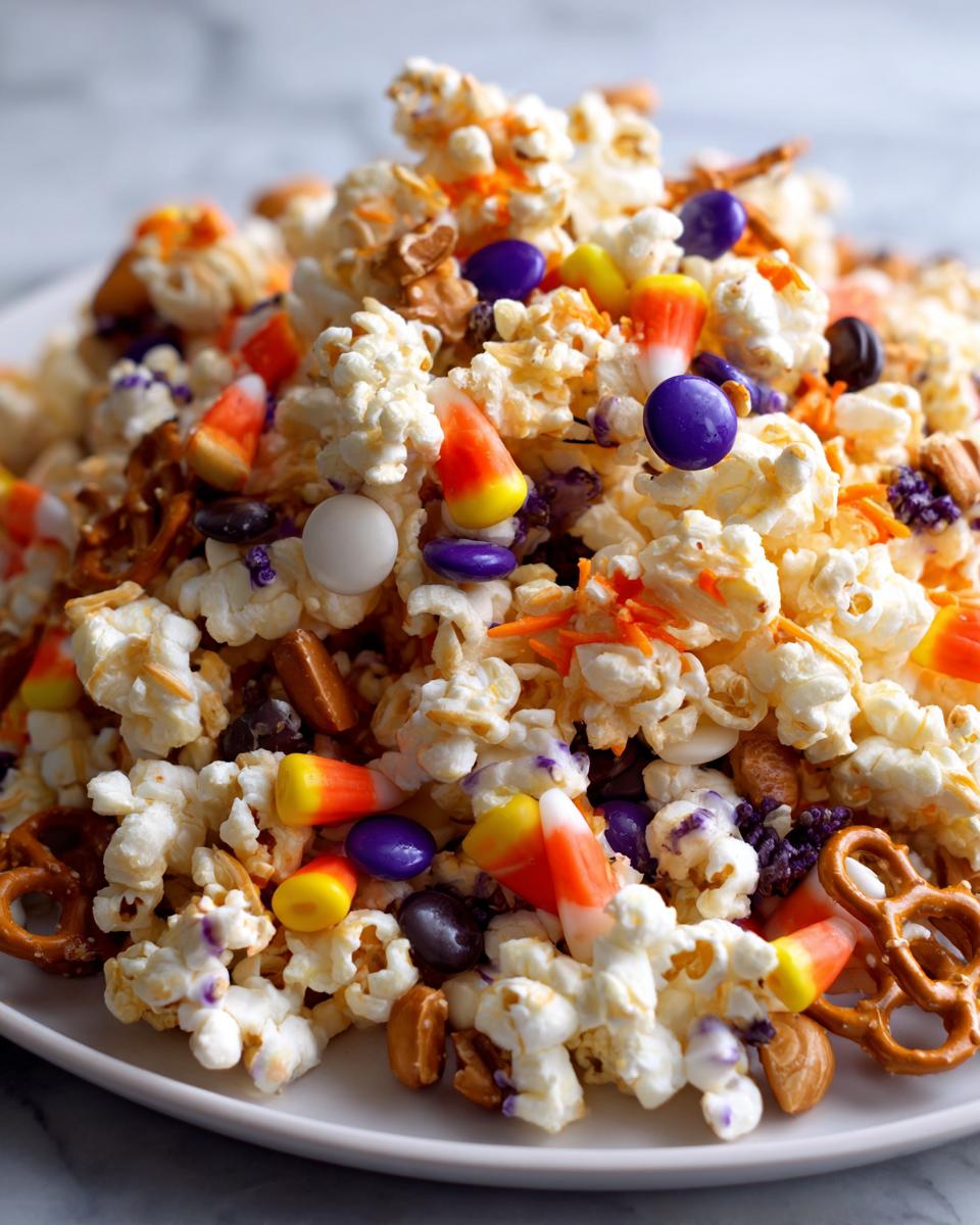 A close-up of a white plate piled high with halloween popcorn mix, featuring candy corn, pretzels, and purple and orange candies.