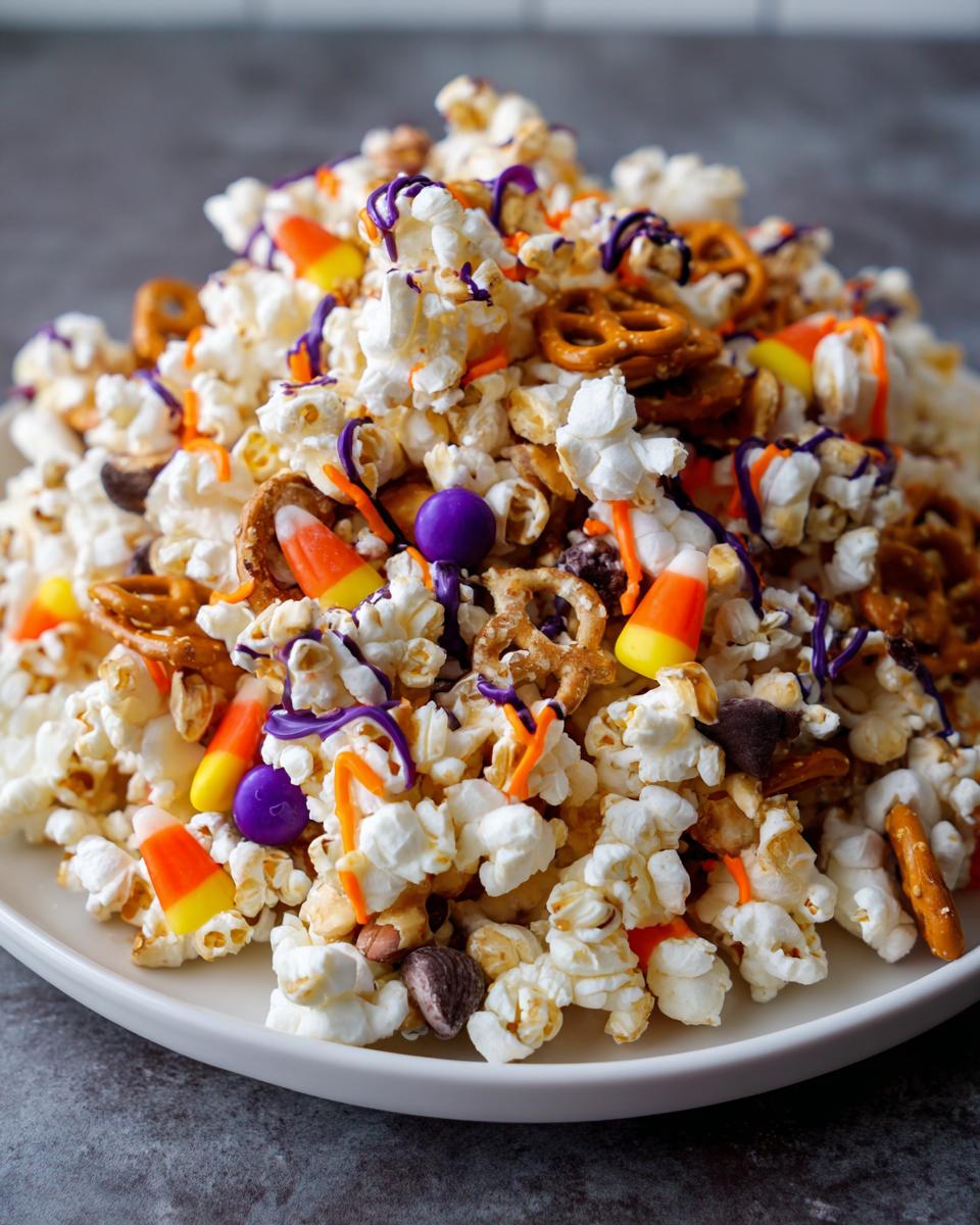 A close-up of a pile of halloween popcorn mix with candy corn, pretzels, and purple and orange drizzles.