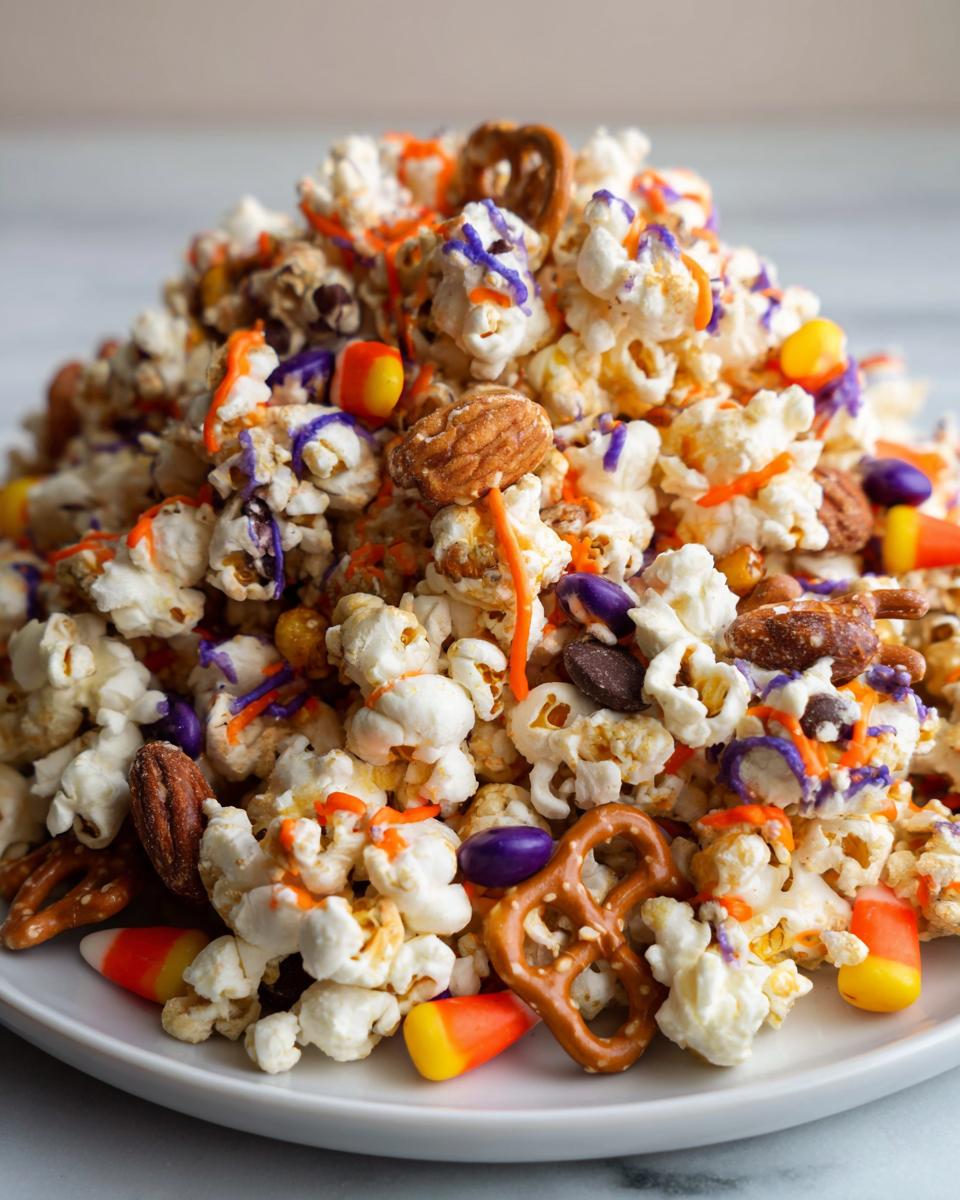 A close-up of a pile of halloween popcorn mix with candy corn, pretzels, nuts, and chocolate chips, drizzled with orange and purple icing.