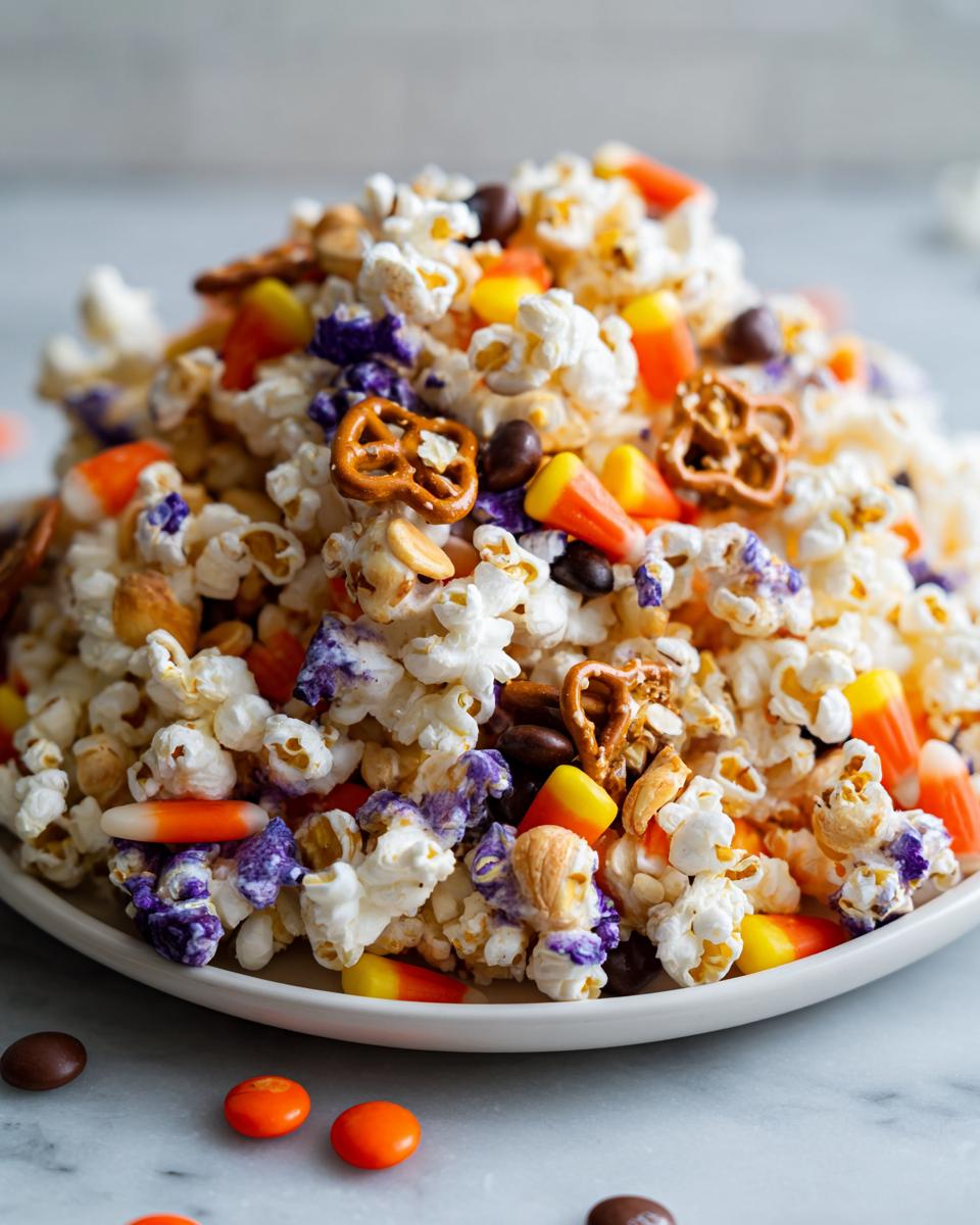 A festive pile of Halloween popcorn mix featuring popcorn, candy corn, pretzels, chocolate candies, and purple accents.