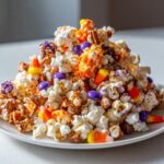 A festive pile of Halloween popcorn mixed with candy corn, purple candies, and pretzels.