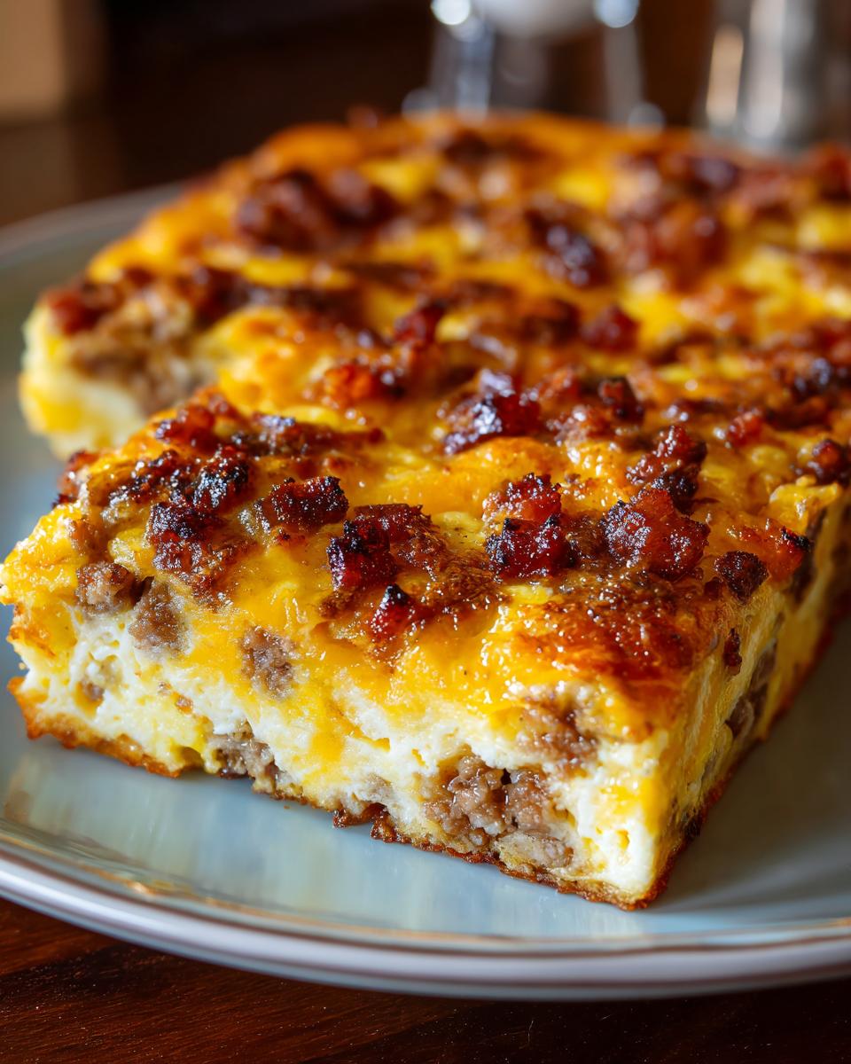 A close-up of a slice of hash brown egg bake, featuring layers of sausage, melted cheese, and browned hash browns.