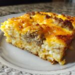 A slice of hash brown egg bake with sausage crumbles and melted cheddar cheese on a plate.