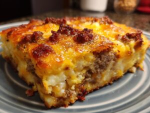 A close-up of a hearty slice of hash brown egg bake, featuring layers of potatoes, sausage, and melted cheese.
