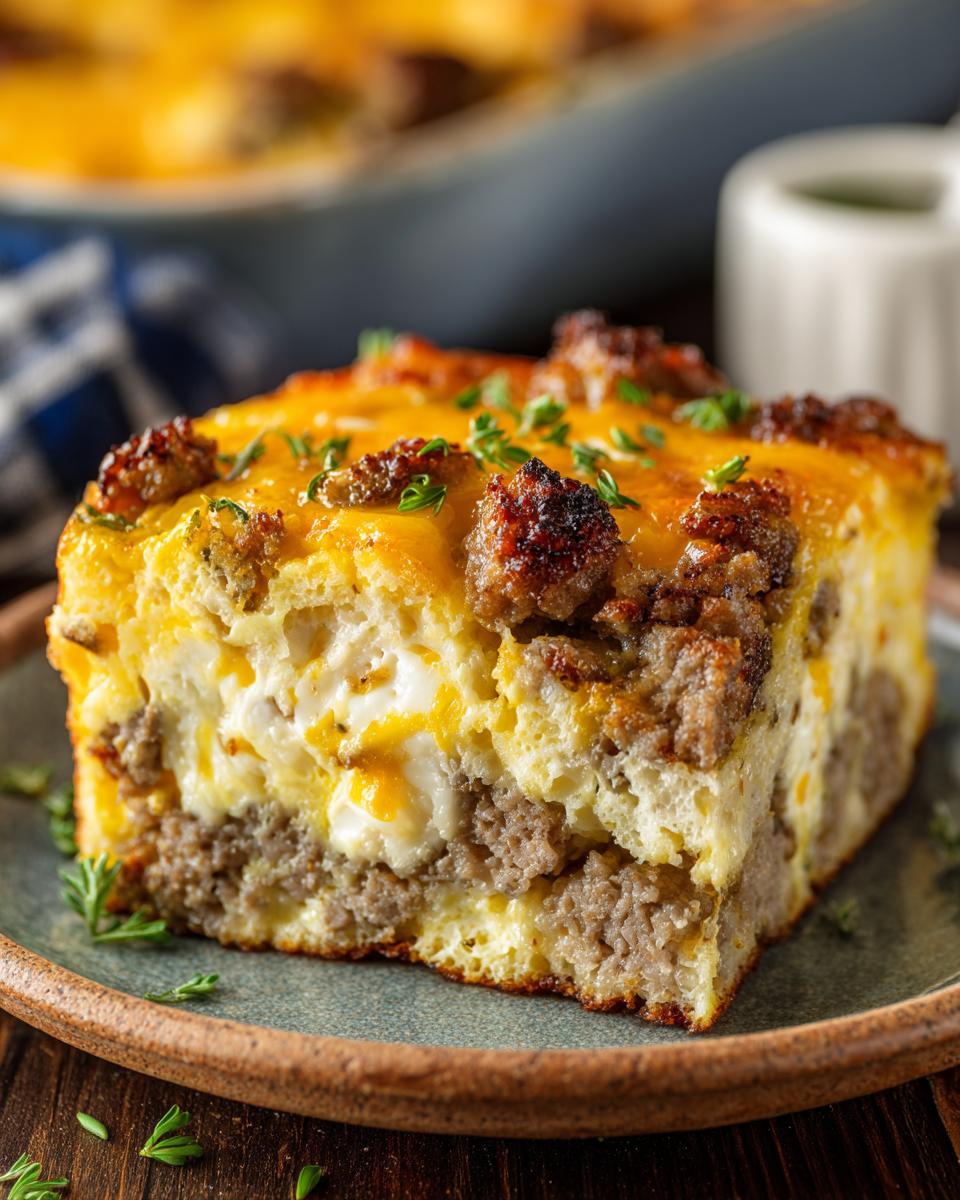 A close-up of a slice of hash brown egg bake, featuring layers of sausage, fluffy eggs, and melted cheese, garnished with herbs.