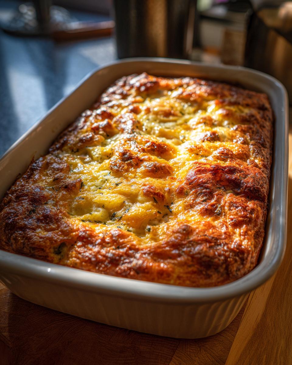 A golden brown, freshly baked hash brown egg casserole in a white baking dish, ready to serve.