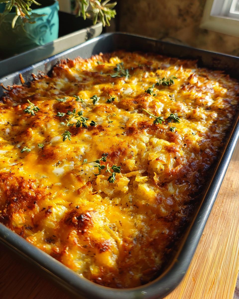Close-up of a golden brown hash brown egg casserole topped with melted cheese and fresh thyme, baked in a rectangular pan.