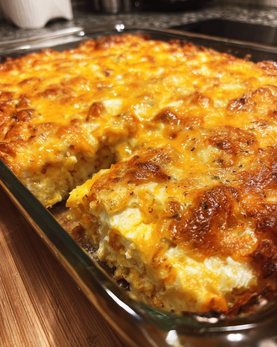 A golden-brown hash brown egg casserole with melted cheese, baked in a glass dish.