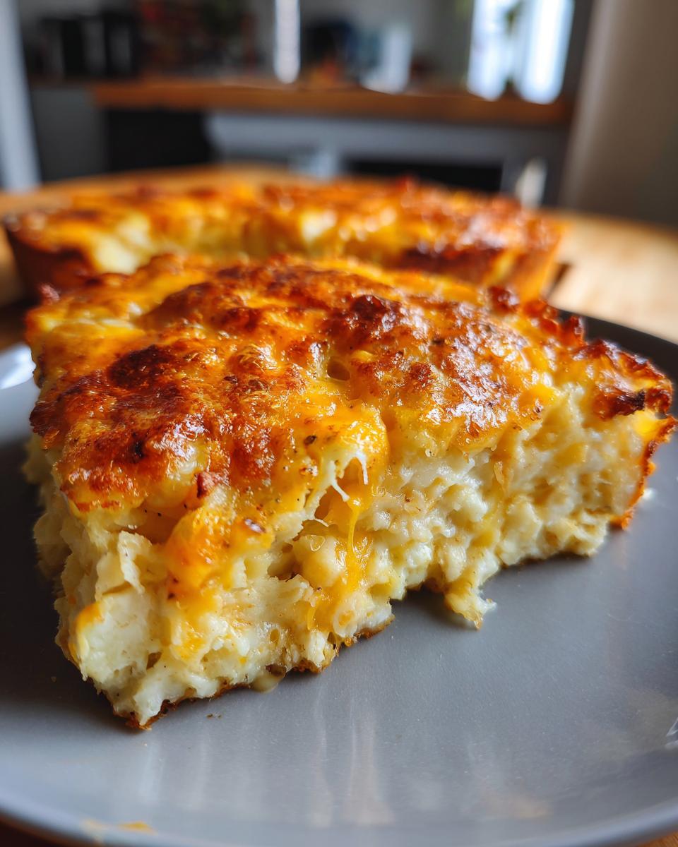 A close-up of a slice of golden-brown hash brown egg casserole, with melted cheese oozing out.