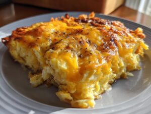 A close-up of a delicious slice of hash brown egg casserole, topped with melted golden cheese and herbs.