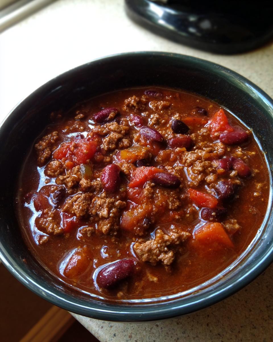 A close-up overhead view of a dark bowl filled with hearty crockpot chili, featuring ground beef, kidney beans, and tomatoes.