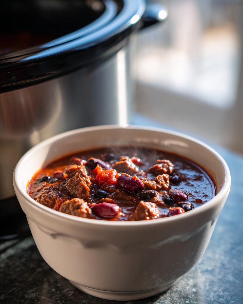 A steaming bowl of hearty crockpot chili with chunks of beef, kidney beans, and black beans.