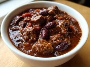 A close-up view of a white bowl filled with hearty crockpot chili, featuring tender chunks of beef and kidney beans.