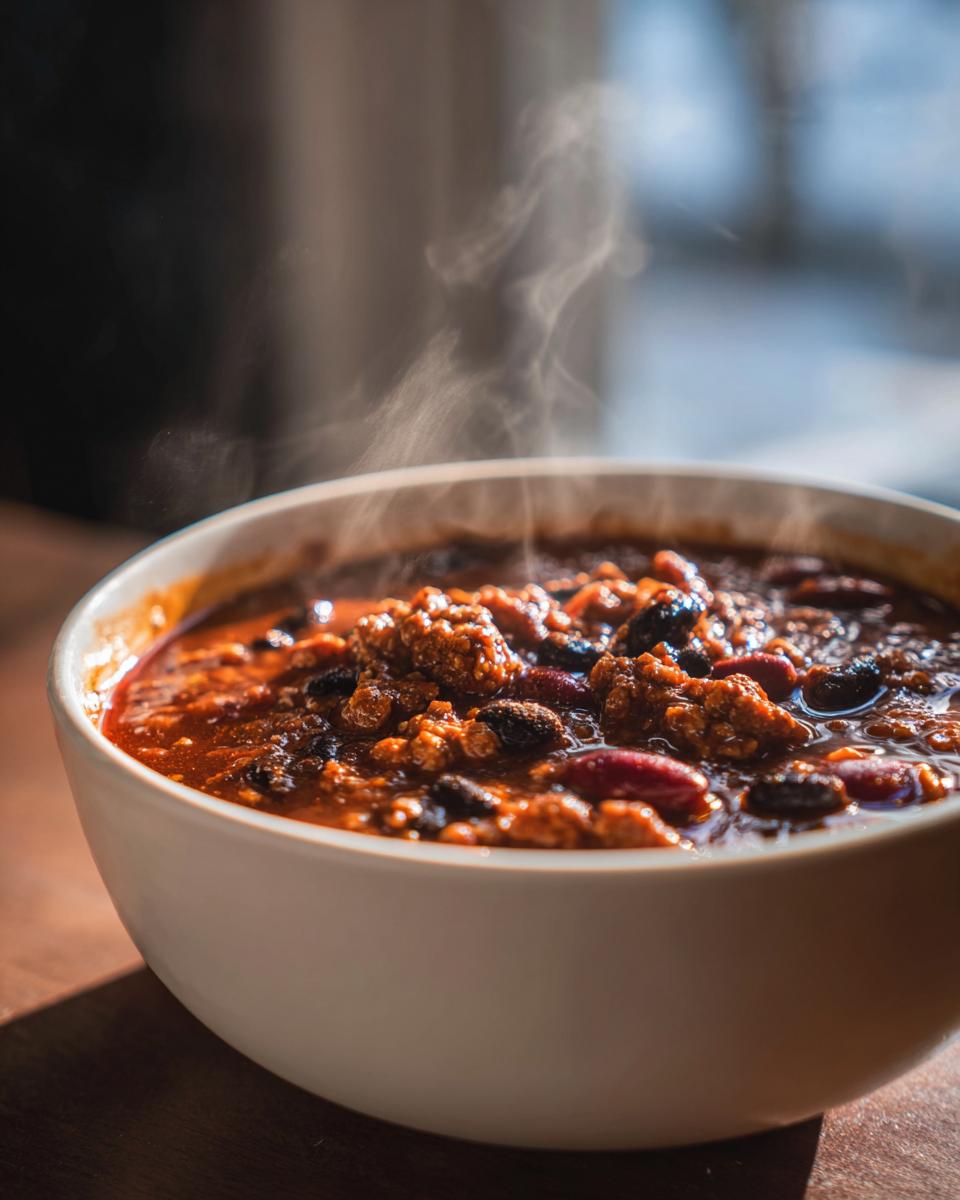 A close-up of a steaming white bowl filled with hearty crockpot chili, showing ground meat and various beans.