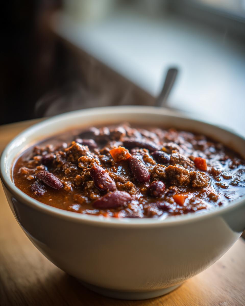 A steaming bowl of hearty crockpot chili, featuring red beans, ground meat, and a rich tomato base.