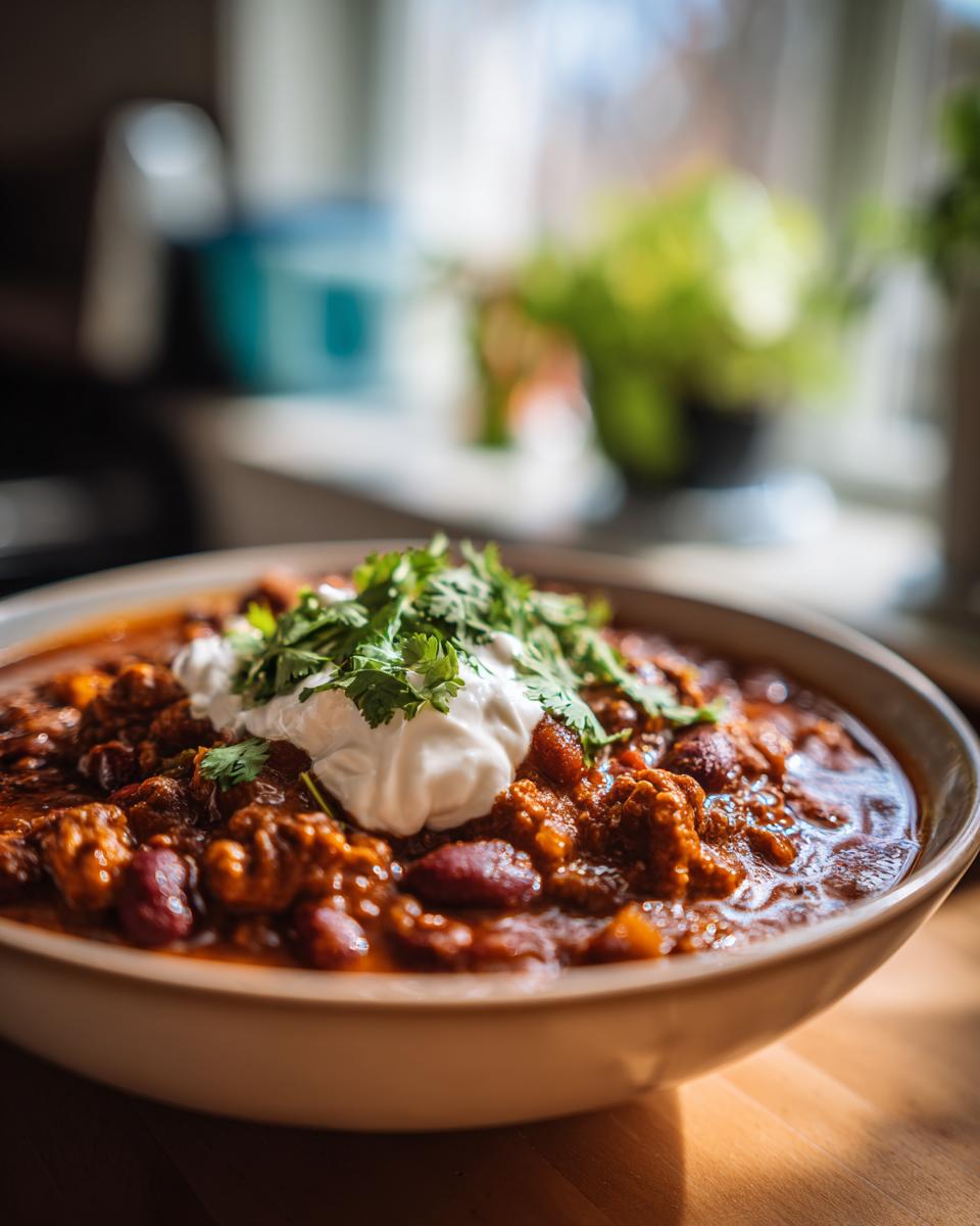 A close-up of a bowl of hearty pumpkin chili topped with sour cream and fresh cilantro.