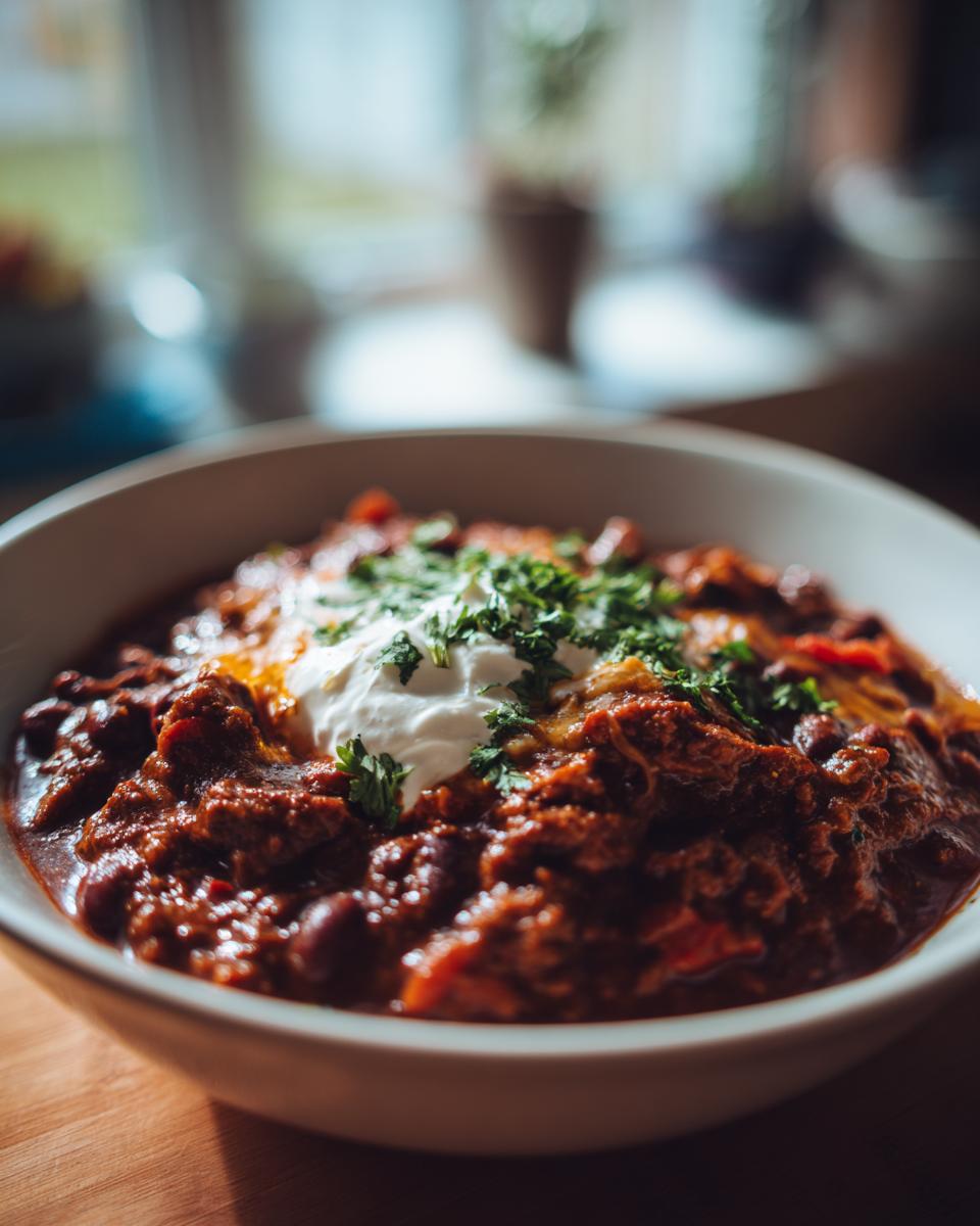 A close-up of a bowl of hearty pumpkin chili topped with a dollop of sour cream and fresh parsley.